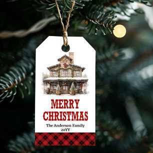 Personalisiertes Ranch-Weihnachtsetikett mit rotem Geschenkanhänger