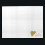 Personalisiertes Raster Graph Paper Gold Heart Notizblock<br><div class="desc">Ein schlichtes,  modernes minimalistisches Design,  das Ihren Namen mit einem niedlichen Imitat Glitzer Goldherz und einem Blassgrau kombiniert. Klicken Sie einfach auf Anpassen,  um zusätzliche Texte oder Bilder hinzuzufügen. Kontaktieren Sie mich mit Fragen oder Wünschen.</div>
