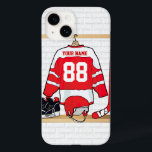 Personalisiertes Red and White Ice Hockey Jersey Case-Mate iPhone Hülle<br><div class="desc">Ein einzigartiges und lustiges Sportdesign mit einem personalisierten Eishockey-Trikot, das in einem Spind-Raum mit Helm, Eis-Skaten und Hockeystick hängt. Das Jersey kann mit der Anzahl und dem Namen Ihrer Wahl personalisiert sein, um ein tolles Geschenk für jeden Eishockeyfan, Eishockeytrainer oder Eishockeyspieler zu machen. Andere Farben sind in unserem Shop erhältlich...</div>