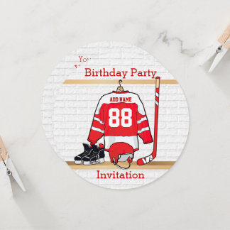 Personalisiertes Red and White Ice Hockey Jersey Einladung
