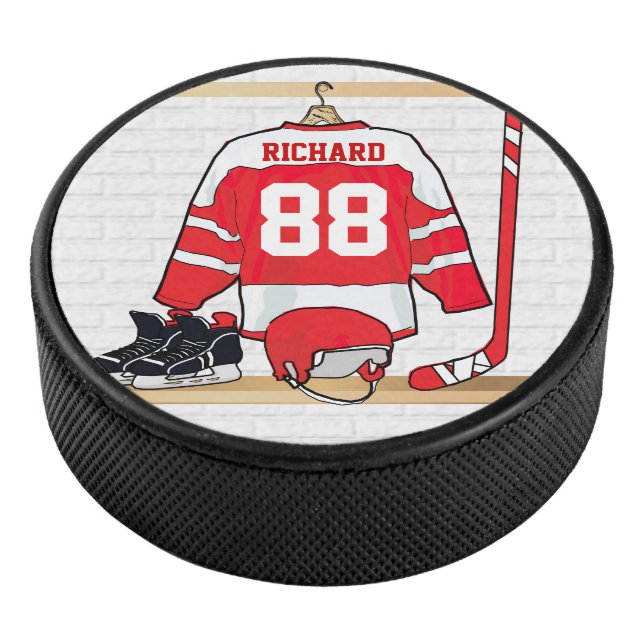 Personalisiertes Red and White Ice Hockey Jersey Eishockey Puck (3/4)