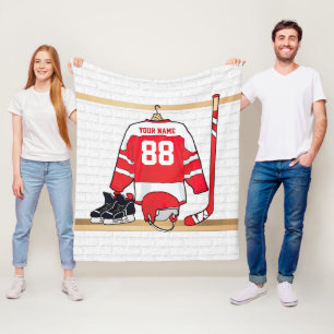 Personalisiertes Red and White Ice Hockey Jersey Fleecedecke