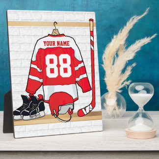 Personalisiertes Red and White Ice Hockey Jersey Fotoplatte