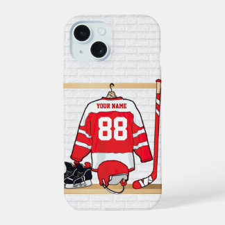 Personalisiertes Red and White Ice Hockey Jersey iPhone 15 Hülle