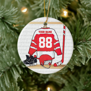 Personalisiertes Red and White Ice Hockey Jersey Keramik Ornament