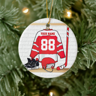 Personalisiertes Red and White Ice Hockey Jersey Keramik Ornament