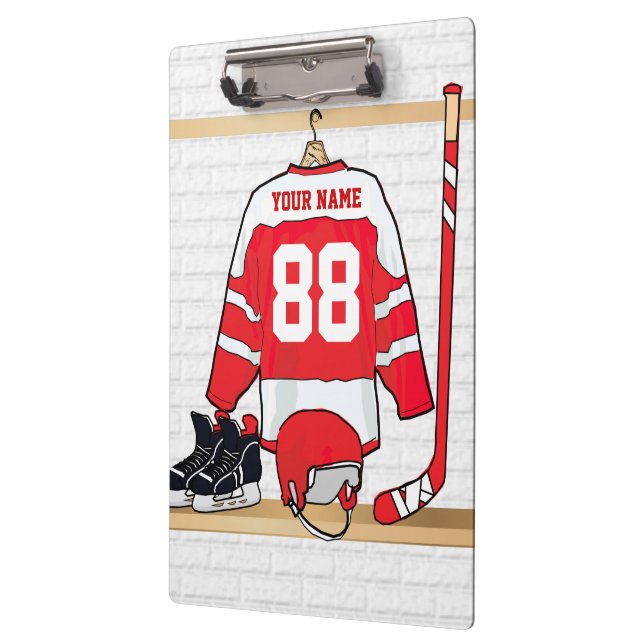 Personalisiertes Red and White Ice Hockey Jersey Klemmbrett (Links)