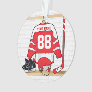 Personalisiertes Red and White Ice Hockey Jersey Ornament