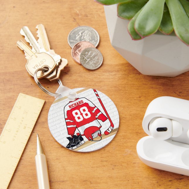 Personalisiertes Red and White Ice Hockey Jersey Schlüsselanhänger (Schreibtisch)