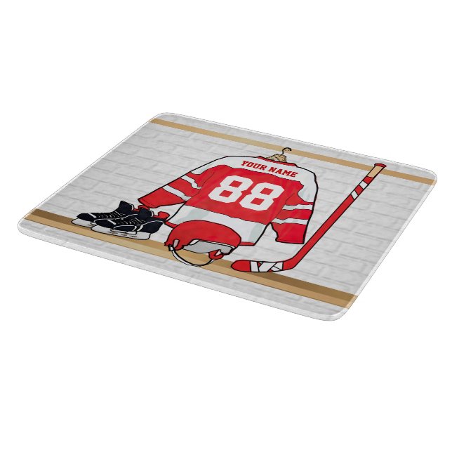 Personalisiertes Red and White Ice Hockey Jersey Schneidebrett (Ecke)