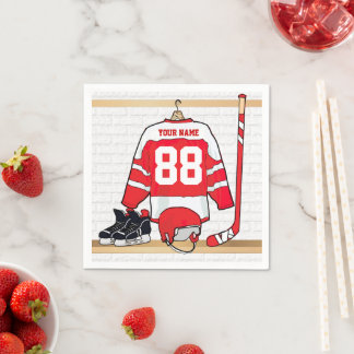 Personalisiertes Red and White Ice Hockey Jersey Serviette
