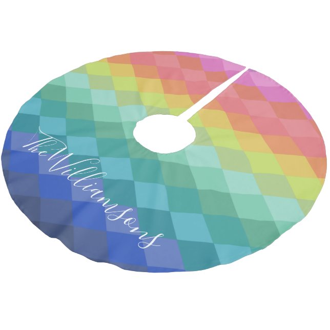 Personalisiertes Regenbogen geometrische Weihnacht Polyester Weihnachtsbaumdecke (Schrägansicht)