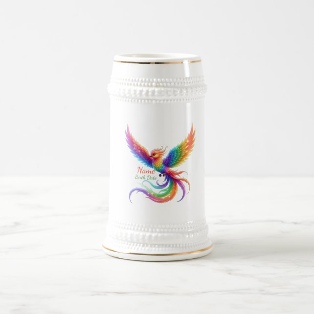 Personalisiertes Regenbogen-Phönix-Name-Geburtsdat Bierglas (Mittel)