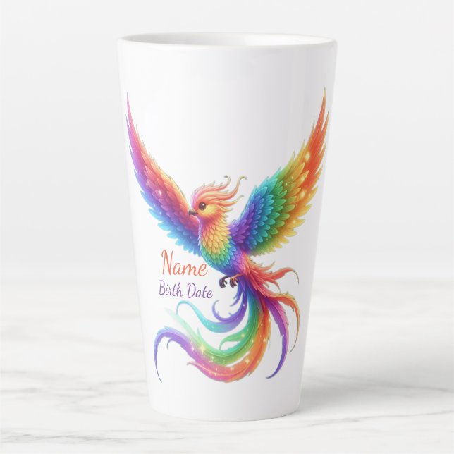 Personalisiertes Regenbogen-Phönix-Name-Geburtsdat Milchtasse (Vorderseite)