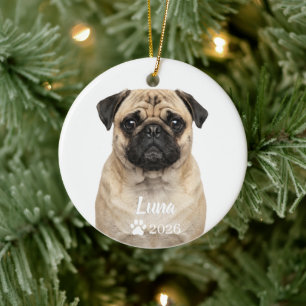 Personalisiertes Rehfarbenes Mops-Hund-Foto-Orname Keramik Ornament