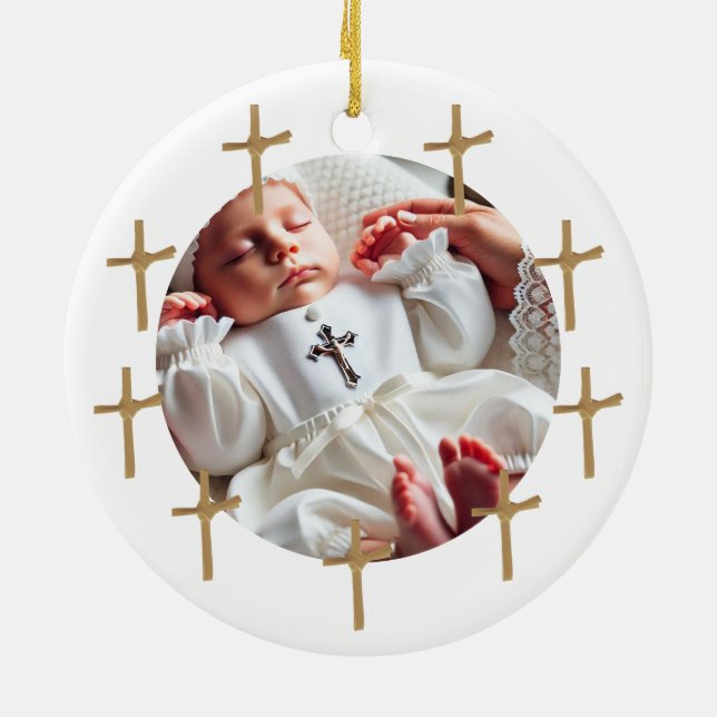 Personalisiertes religiöses Foto Baby Golden Cross Keramik Ornament (Hinten)
