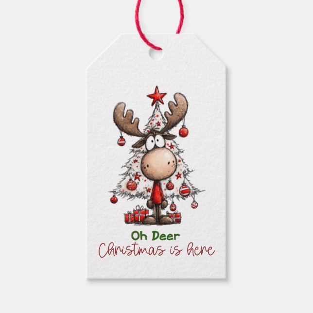 Personalisiertes Rentier „Oh Deer Weihnachten ist  Geschenkanhänger (Vorderseite)