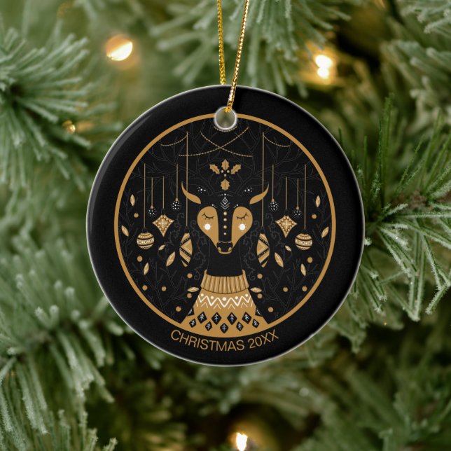 Personalisiertes Rentier Weihnachts-Foto Keramik Ornament (Baum)
