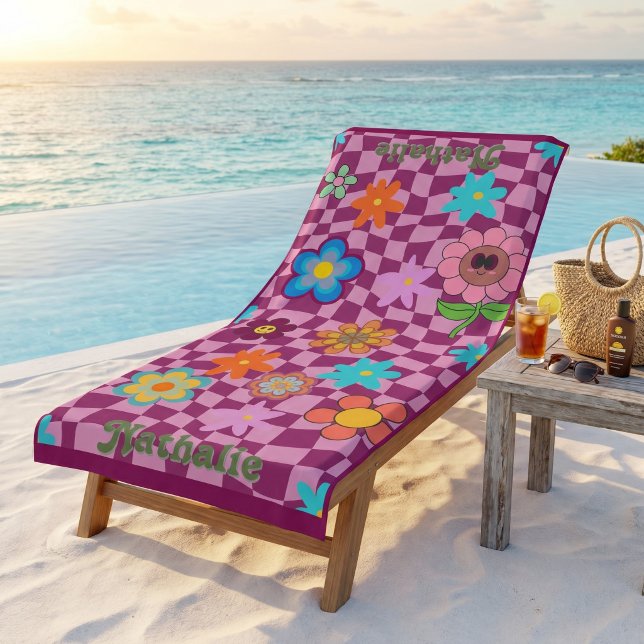 Personalisiertes Retro Beach Handtuch | Blumengesc (Personalized Retro Beach Towel | Floral Name Gift)