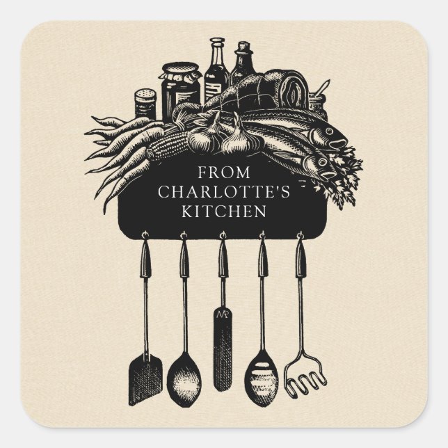 Personalisiertes Retro Black Cream Kitchen Label Quadratischer Aufkleber (Vorderseite)