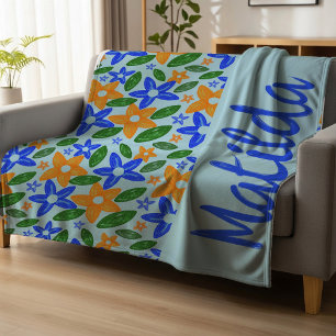 Personalisiertes Retro Blau & Orange Floral Fleecedecke