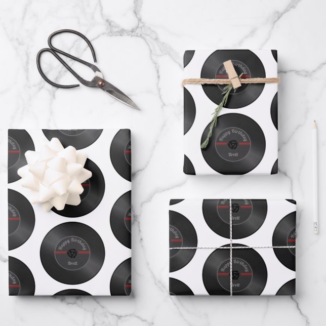 Personalisiertes Retro Vinyl Record Wrapping Paper Geschenkpapier Set (Vorderseite)