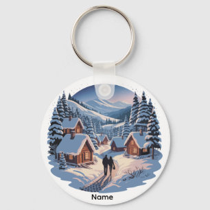 Personalisiertes Retro-Weihnachts-Winterdorf 90er Schlüsselanhänger