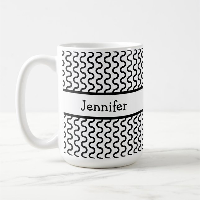 Personalisiertes Retro-Wellenmuster in Weiß und Sc Tasse (Links)