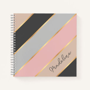 Personalisiertes Rosa Beige Grau gestreiftes Tageb Notizbuch