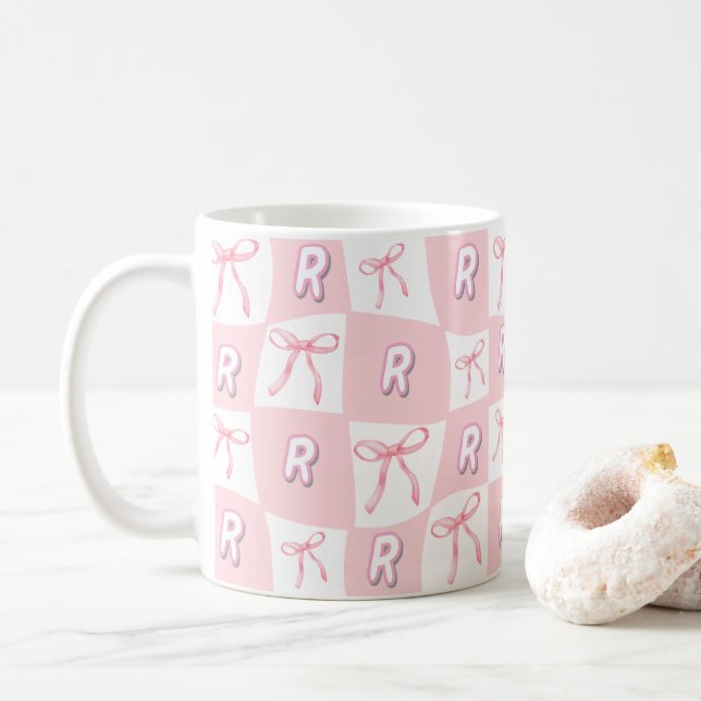 Personalisiertes rosa Bow-Schachbrett Kaffeetasse (Mit Donut)