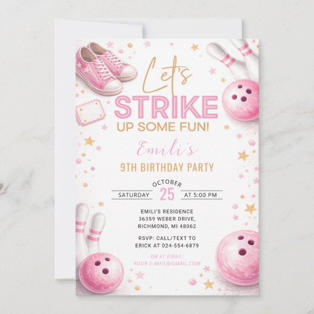 Personalisiertes rosa Bowling-Geburtstag Einladung (Vorderseite)