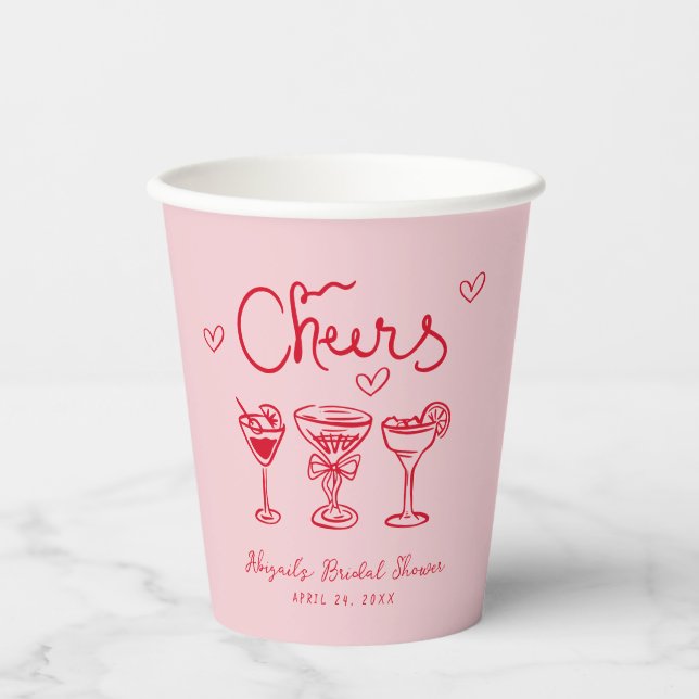 Personalisiertes Rosa Cheers Retro-Brautparty Pappbecher (Vorderseite)