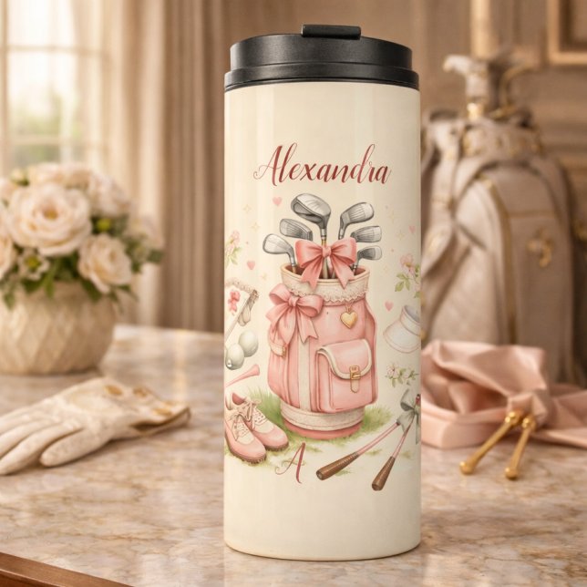Personalisiertes rosa Coquette-Golf-Monogramm Thermosbecher (Von Creator hochgeladen)