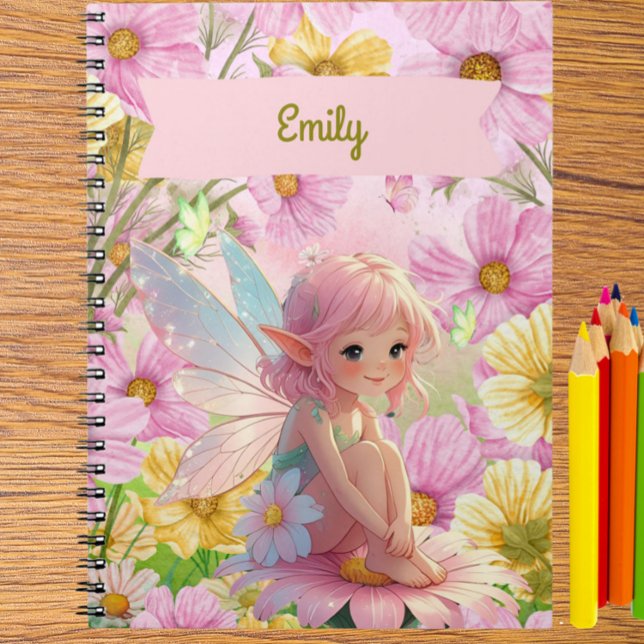 Personalisiertes Rosa Fairy Write & Zeichnen Story Notizblock (Personalized Pretty Pink Fairy and Flowers Journal – Custom Name Notebook for Girls)