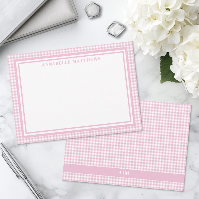 Personalisiertes Rosa-Gingham-Karo Mitteilungskarte (Personalized Pink Gingham Plaid Note Card )