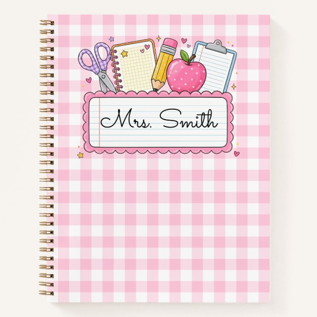 Personalisiertes rosa Gingham-Lehrer Notizbuch (Vorderseite)