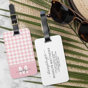 Personalisiertes Rosa-Gingham-Monogramm Gepäckanhänger