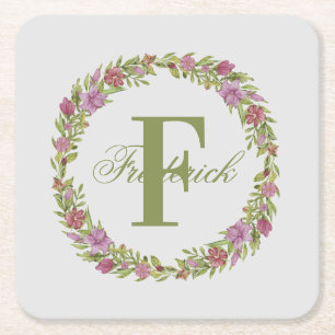 Personalisiertes rosa grünes florales Nachnamen-Mo Rechteckiger Pappuntersetzer