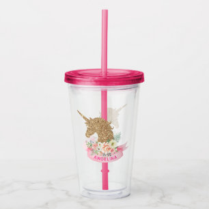 Personalisiertes Rosa & Imitate Gold Glitzer Einho Acryltrinkbecher