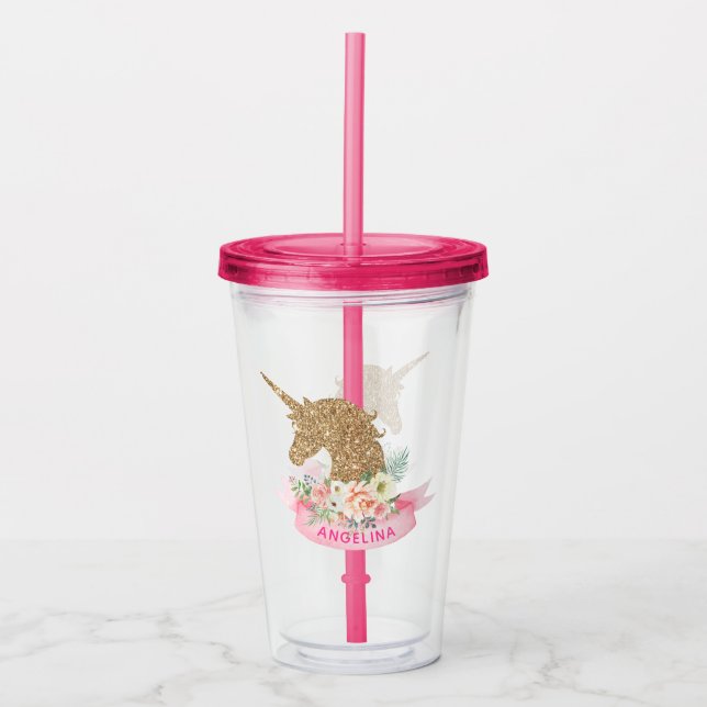 Personalisiertes Rosa & Imitate Gold Glitzer Einho Acryltrinkbecher (Vorderseite)