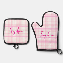 Personalisiertes rosa Karo Ofenhandschuh & Topflappen-Set