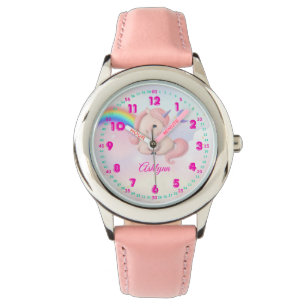 Personalisiertes Rosa Mädchen Wasserfarbe Regenbog Armbanduhr