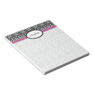 Personalisiertes Rosa, Schwarz, Weiß Floral Damask Notizblock