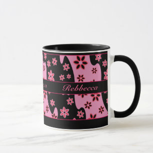 Personalisiertes rosa schwarzes rotes Blumenmuster Tasse