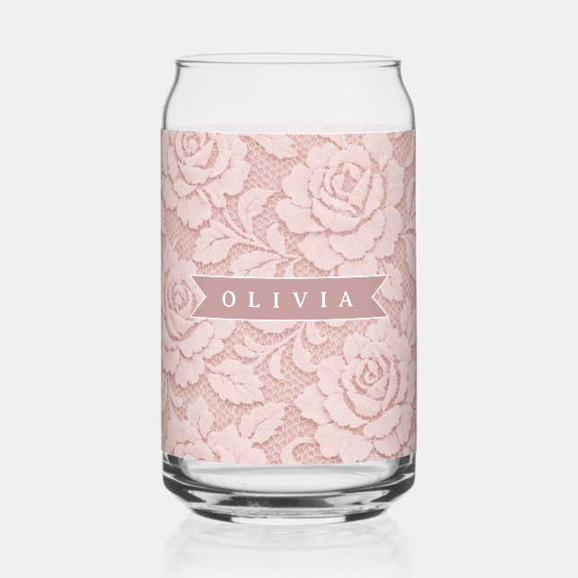 Personalisiertes Rosa Spitze Blumen Romantisch Dosenglas (Vorderseite)
