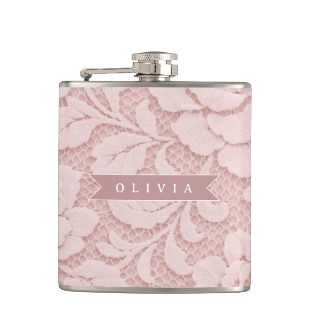 Personalisiertes Rosa Spitze Blumen Romantisch Flachmann (Vorderseite)