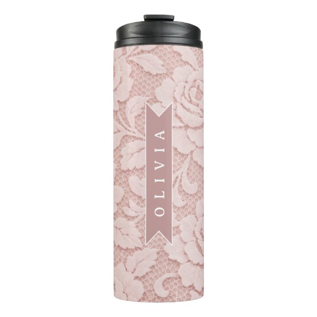 Personalisiertes Rosa Spitze Blumen Romantisch Thermosbecher (Vorderseite)