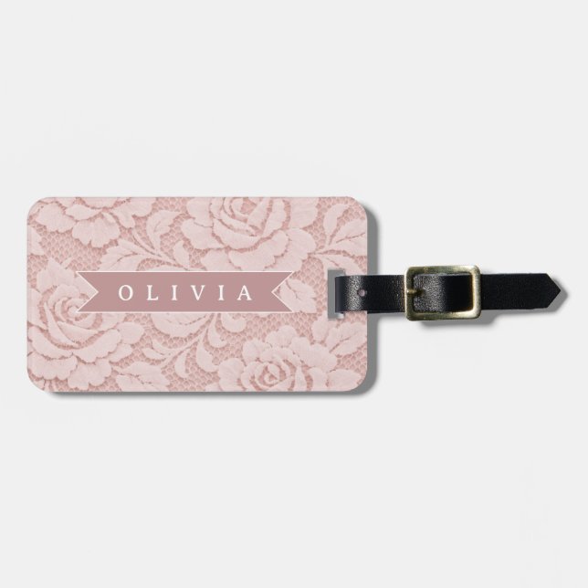 Personalisiertes Rosa Spitze Floral Romantisch Gepäckanhänger (Vorderseite horizontal)