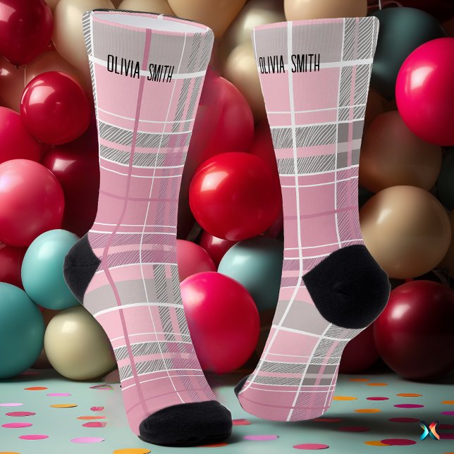 Personalisiertes Rosa und Grauton Tartan Kariert Socken (Von Creator hochgeladen)