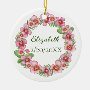 Personalisiertes rosa und grünes florales Weihnach Keramik Ornament